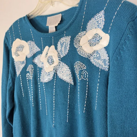 VTG 80s Regency Collection for Joyce Teal Floral Applique Sweater XL - Picture 2 of 10